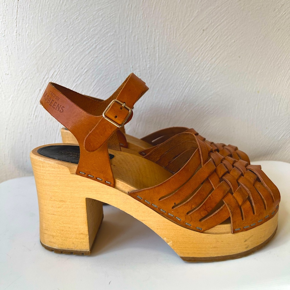 Heeled Swedish Hasbeens Clogs Braided Leather